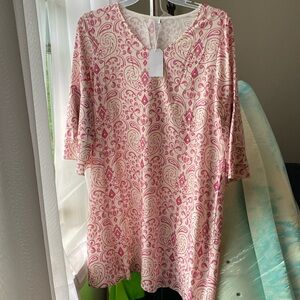 Pink print on white swing Dress. Flutter sleeve. V-Nexk